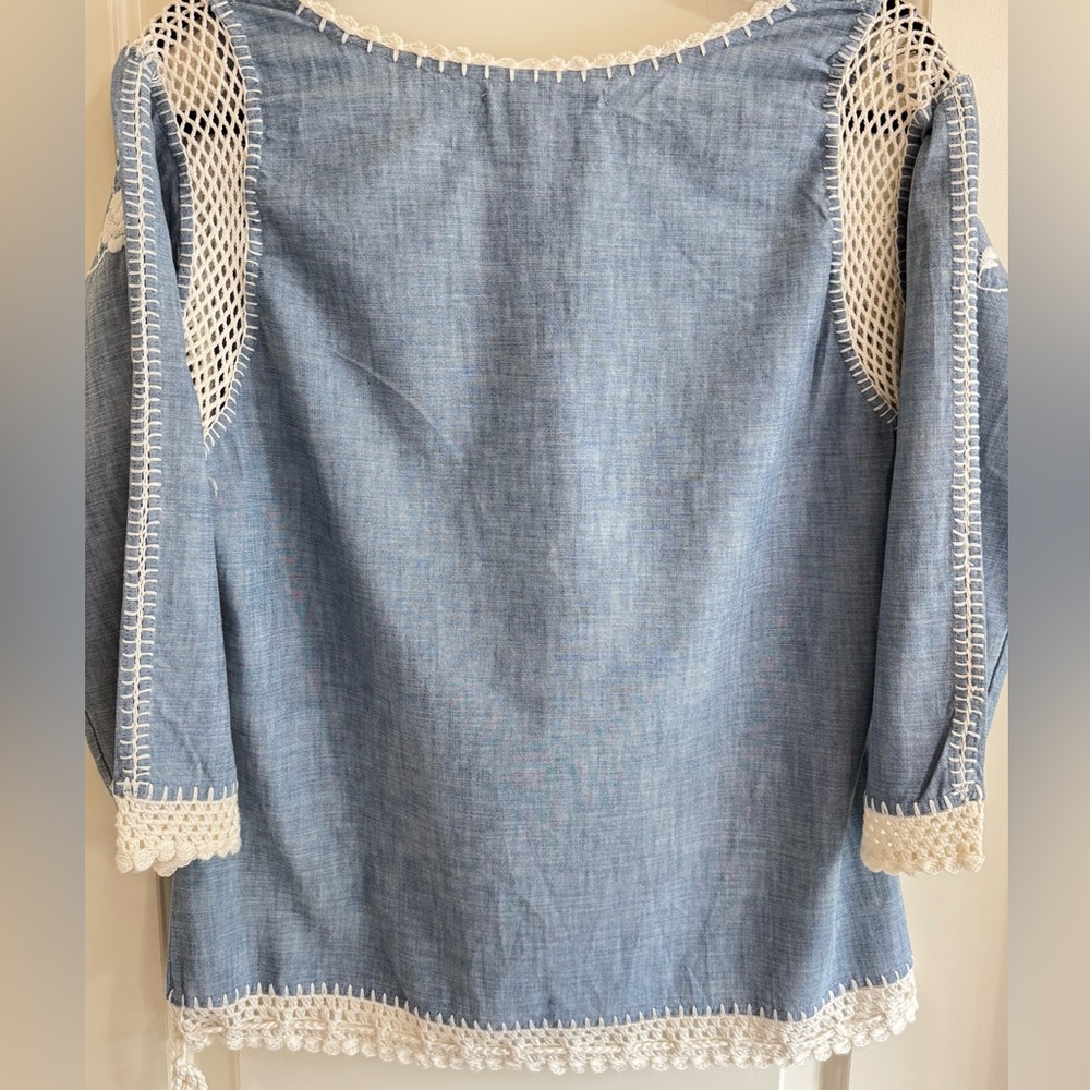 Lucky Brand Boho Gauze Blouse Blue Embroidered Crochet Top Women’s S M - Picture 2 of 9